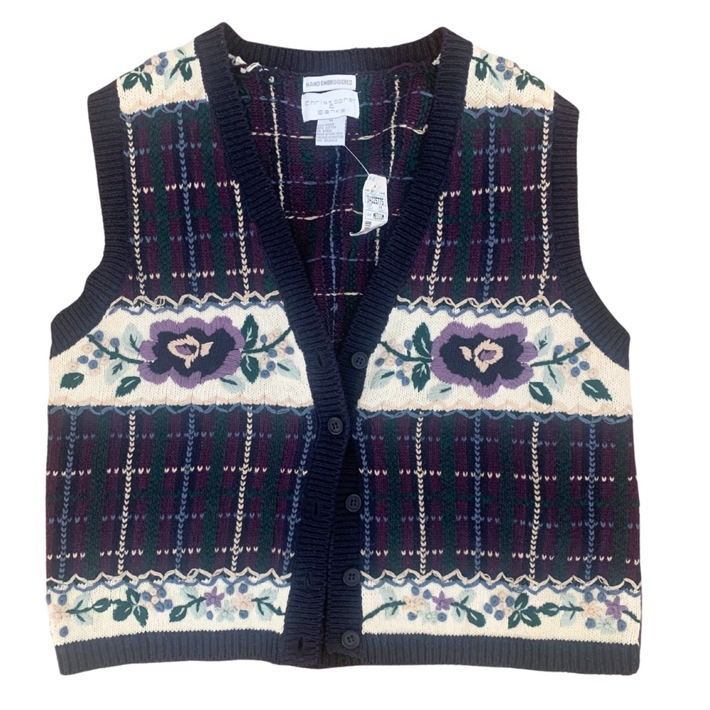 Vintage Hand Embroidered Christopher & Banks Floral Vest Size Medium Women